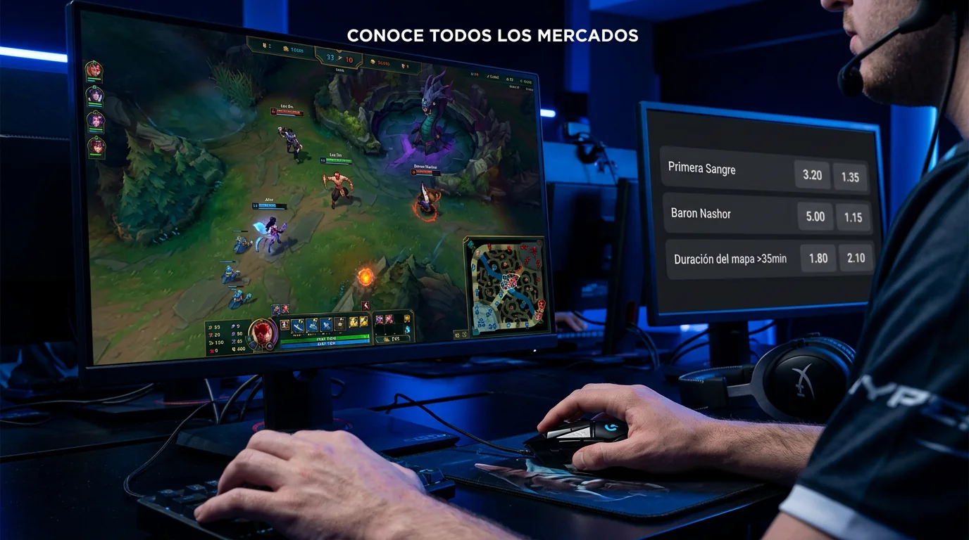 Guía completa de mercados de apuestas en League of Legends: primera sangre, Baron Nashor, mapa y jugadores